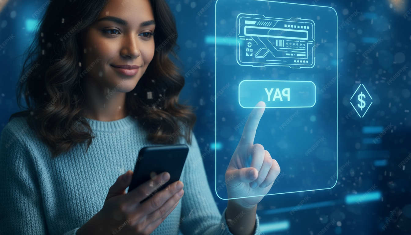 User making a secure digital payment on a smartphone, representing the Hyfin unified B2B payment platform and seamless transaction experience