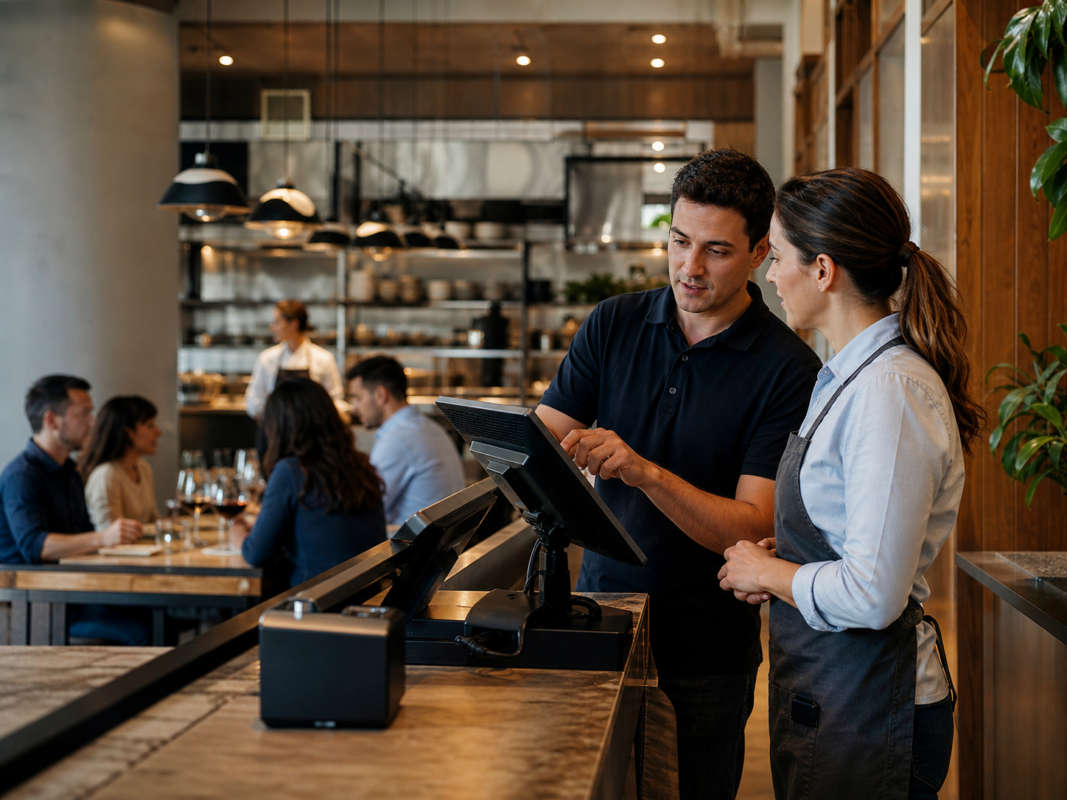 Restaurant manager showing staff member how to use their digital kiosk.