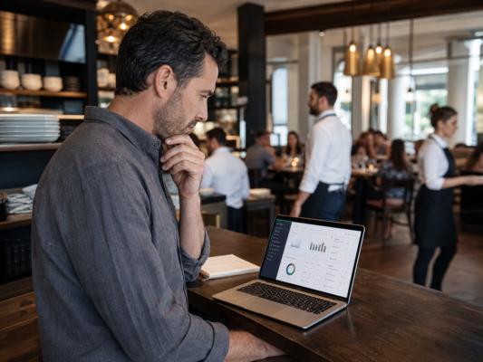 Senior restaurant manager looking down at a laptop with a report dashboard of activity.