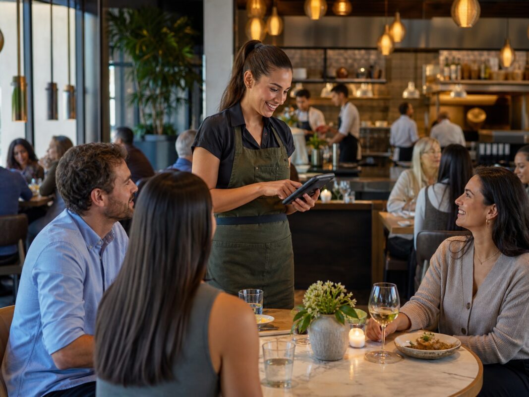 Female waiter taking orders for a table of three at a modern, trendy restaurant