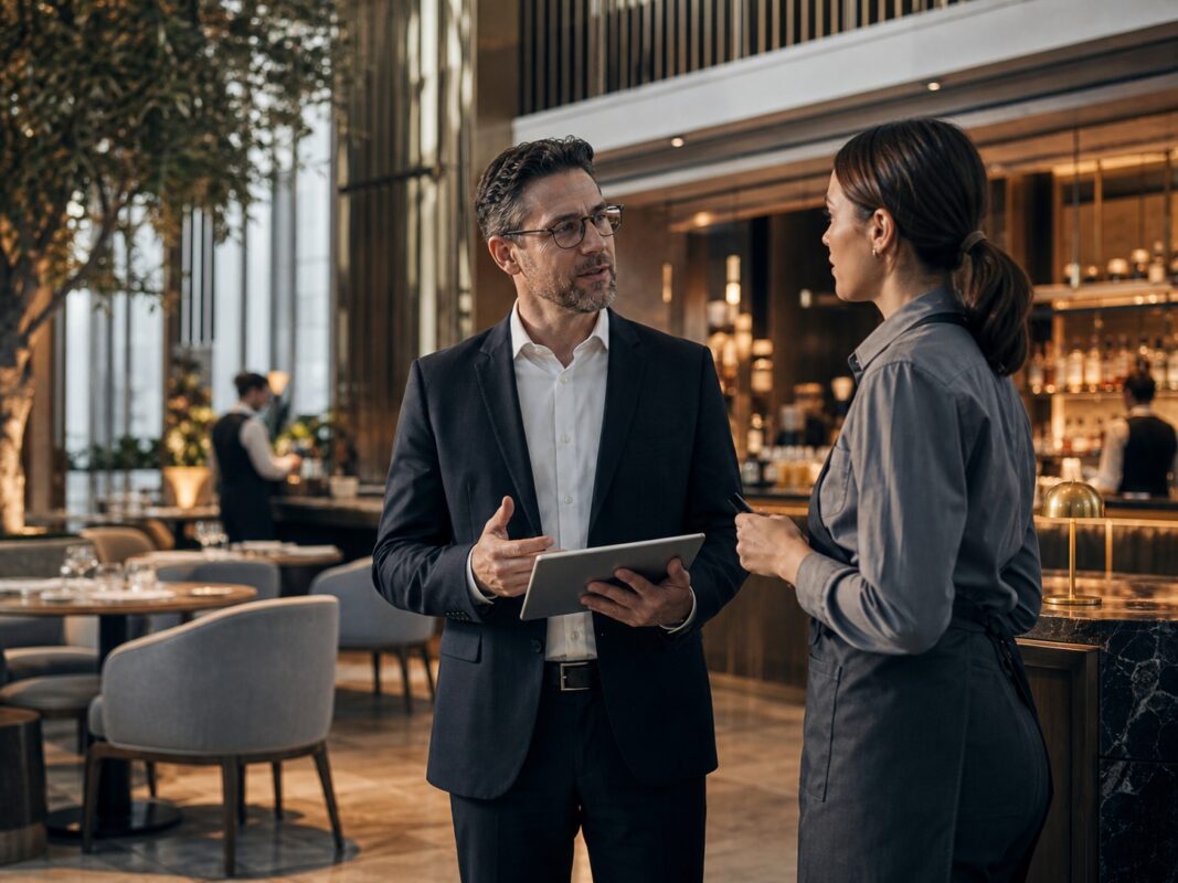Male restaurant manager having a conversation with a female water within a trendy restaurant.